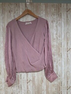 By Anthropologie Twofer Faux-Wrap Sweater ribbed knit satin sleeves mauve L